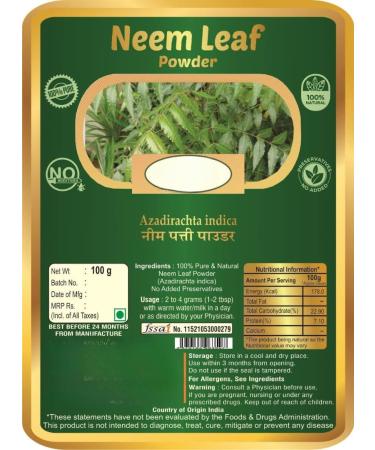 Herbal Neem Leaves Powder Organic Neem Leaf Powder for Skin Hair Face and Eating - 100gm - Buy Online on GoSupps.com