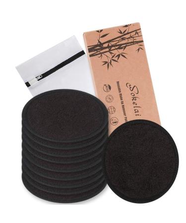 Reusable Makeup Remover Pads Black Washable - 10 Pack Bamboo Organic Cotton Rounds for Face Eye with Laundry Bag Facial Cleansing Cloth Towel Make-Up Removal Wipes for All Skin Types 3.15 Inch (Pack of 10)