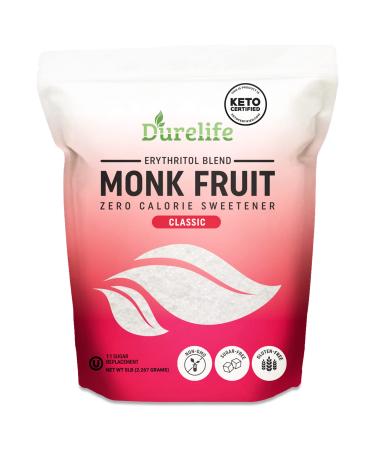 Durelife Monk Fruit Sweetener, Sugar Substitute, Keto Diet Friendly, Zero Calorie, White Sugar Substitute, Classic White - 5 lb (Packaging May Vary) 5 Pound (Pack of 1)