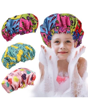 TRENDYSUPPLY Shower Cap for Kids (3 Pack) Double Layer Adjustable & Reusable Waterproof Bath Cap for Girls Long Hair (Variation-01)