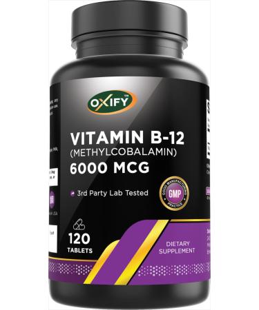 Oxify Vitamin B-12 (Methylcobalamin) 6000 mcg | 120 Tablets | Gluten-Free Non-GMO | Supplement Made in USA