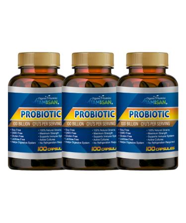 Probiotic Supplement 3 Pack 100 Billion CFUs 300 Capsules Soy Free GMO Free Gluten Free Lactose Free