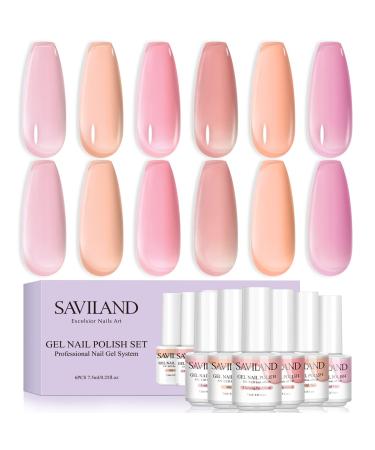 SAVILAND Jelly Gel Nail Polish Sheer Milky Pink Nudes Gel Polish Kit U V LED Gel Nail Gel Polish Varnish Nail Art DIY Salon 6Pcs 7.5ML / 0.25FL oz Gift Set 6 Colors Jelly Nudes 0.25 Fl Oz (Pack of 6)