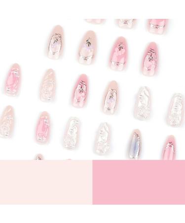 24 Pcs Short Almond Press on Nails with 3D Butterflies & Waves - Glue on Floral Acrylic Fake Nails for Women and Girls - Nude Stick On Nail Sets - Buy Online on GoSupps.com
