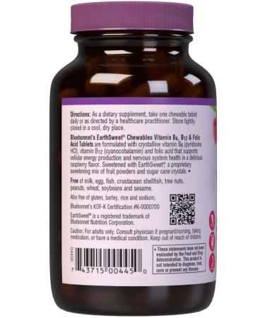 Bluebonnet Nutrition Earth Sweet Vitamin B6 B12 Plus Folic Acid Chewable Tablets Vegan Vegetarian Gluten Free Soy Free Milk Free Kosher - Raspberry Flavor - 60 Chewable Tablets - Buy Online on GoSupps.com