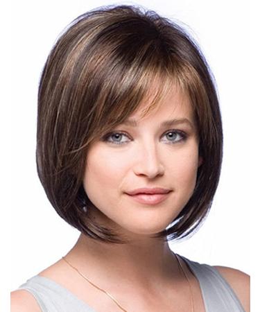 TISHINING Short Brown Bob Wigs for White Women with Bangs Brown Mixed Blonde Highlights Cute Bob Layered Straight Synthetic Hair Replacement Wig for Daily Life Mixed Dark Brown