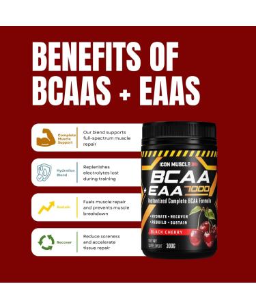 Icon Muscle BCAA + EAA 7000 | Black Cherry | Essential Amino Acid | Branch Chain Amino Acids | BCAA Powder | Muscle Recovery | Hydration | Electrolytes | Muscle Strength | Men & Women | 30 Servings - Buy Online on GoSupps.com