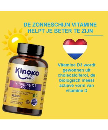 Kinoko LIfe Vitamin D3 4000 IU 365 Capsules Natural Vitamin D Cholecalcipherol with Extra Virgin Olive Oil Supports the joints and improves calcium absorption Increases your resistance - Buy Online on GoSupps.com