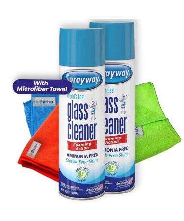 Sprayway, Glass Cleaner, window cleaner, Pack of 2 spray foam with 3-Pack Bonus NikCatcher 16x16" 400 GSM Microfiber Cleaning Cloth Towel Rags (19 Oz Can.)