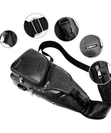 Men's Waterproof Leather Sling Bag with USB - Black | Chest Shoulder Daypack - Buy Online on GoSupps.com