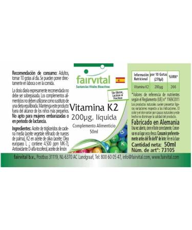 Fairvital Vitamin K2 Liquid 50ml - Highly Dosed Menaquinone MK-7 from Natto - Vegan - 1/2 Year Supply - Buy Online on GoSupps.com