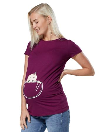 HAPPY MAMA. Women's Maternity Baby in Pocket Print T-Shirt Top Tee Shirt. 501p 16-18 Plum