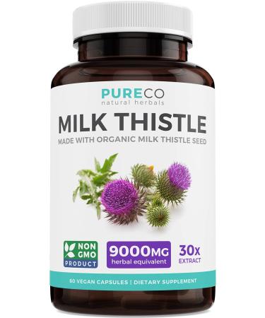 Organic Milk Thistle Capsules - 80% Silymarin - 9,000mg of Milk Thistle Seed Extract - Supports Liver Cleanse, Detox & Health - Vegan - 60 Pills