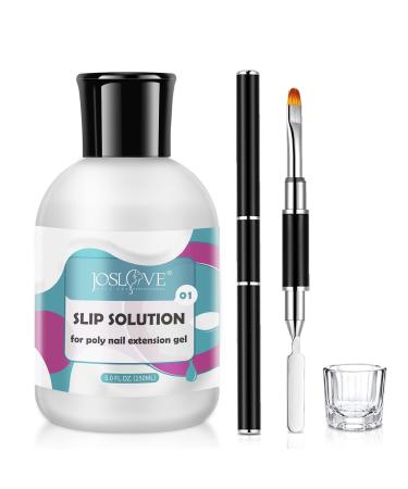 JOSLOVE Poly Nail Gel Kit Slip Solution for Nails , 5OZ Anti-Stick Poly Gel Slip Solution Liquid with Dual-Ended Nail Brush Crystal Cup Smooth Gel Non-Odor Healthy Nail Extension Manicure Tool Nail Art 150ML