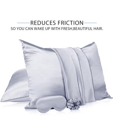 2 Pack Satin Pillowcase Set with Adjustable Eye Mask and Volume Scrunchie - Silver Classic Style | Standard Size - Buy Online on GoSupps.com