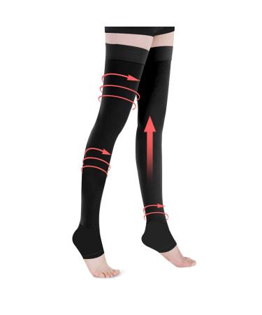 Compression Stockings Thigh High for Women Men 20-30 mmhg Graduated Compression Socks Open Toe Compression Support Hose with Non-Slide Silicone Dot Band for Swelling and Varicose Veins (Black,XXL) Black 2X-Large (1 Pair)