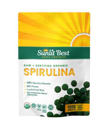 Sunlit Best - USDA Organic Spirulina Tablet - Natural Super Greens Supplements for Immune Support Gut Health & Energy Drink Tablets with Chlorophyll Vegan & High Protein Non GMO 1000 Superfood Tabs 1000 Count (Pack of 1)