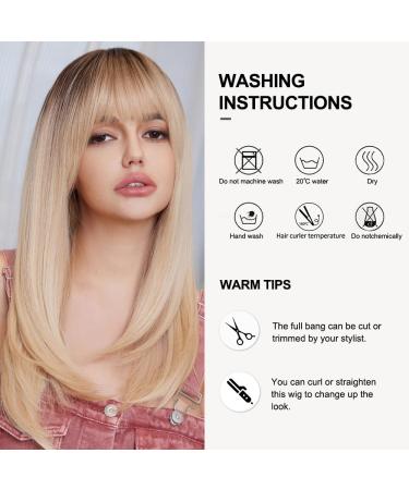 Oefei Long Straight Blonde Wig with Bangs & Dark Roots - 19 Synthetic Hair Wig for Women - Perfect for Daily Wear Parties & Cosplay - Buy Online on GoSupps.com
