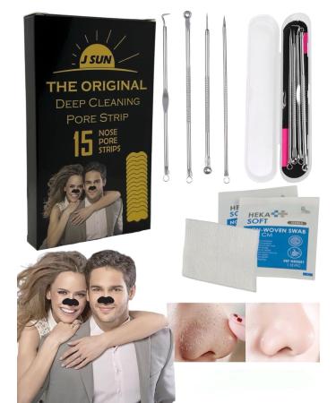 Genetic nose strips 15 pieces + 4 pieces blackhead removed needle kit curved + 2 piece Hekasoft sterile wound compresses 5x5cm (15 pack NS + 4 pieces of blackheads remover + 2 hekasoft sterile) 15pack NS + 4 piece of blackhead remover +2 HEKASOFT