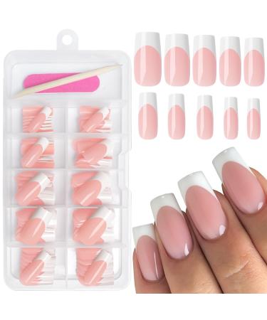 AddFavor 120pcs White French Tip Press on Nails Medium Square Fake Nails Nude False Nails Square French Press ons Square Nail Acrylic Artificial Nail with Adhesive Tab for Women Girls Medium Sqaure-White