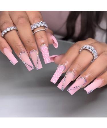 JUSTOTRY 24 Pcs Valentine's Day Press on Nails Long White and Diamond Heart Fake Nails Patterns Matte Pink Medium Ballerina Stick on Nails for Women Acrylic Coffin False Nails with Glue for Nail Art Heart&Ballerina3