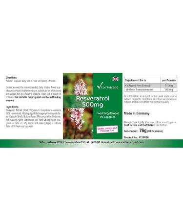 Resveratrol 500mg - 90 Vegan Capsules | High Dosage Knotweed Extract | Vitamintrend - International Shipping Available - Buy Online on GoSupps.com