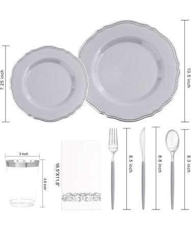 Hioasis 175pcs Grey Plastic Plates&Silver Disposable Silverware with Grey Handle&Clear Cups&Napkins Served for 25 Guests-Grey and Silver Dinnerware for Weddings&Parties Holiday Events - Buy Online on GoSupps.com