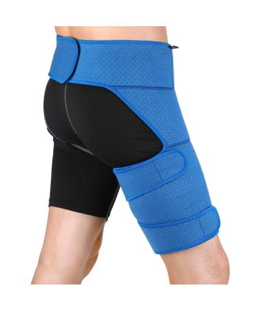 Groin Wrap Blue Perforated Breathable Belt Waist Support Thigh Hip Brace Adjustable Thigh Compression Sleeve for Men Women