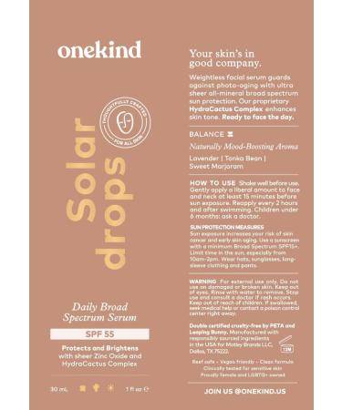 Onekind Solardrops SPF 55 - Daily Mineral Sunscreen Serum for Sensitive Skin | Lightweight Non-Comedogenic Zinc Oxide with UVA/UVB Protection Water Resistant - Buy Online on GoSupps.com