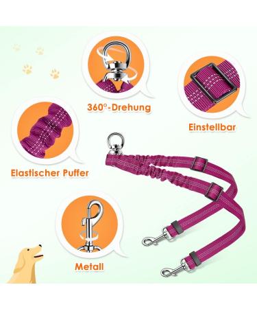 Slowton Adjustable Double Dog Leash for 2 Dogs - 360 Rotatable Reflective No-Split Design for Medium to Large Dogs (9kg+) - Rose Red - Buy Online on GoSupps.com