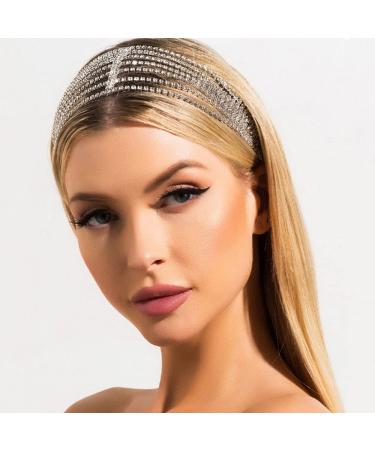 STONEFANS Rhinestone Layered Headpiece Silver Bridal Elastic Headbands Glitter Stretch Hair Accessories Jewelry for Women and Girls