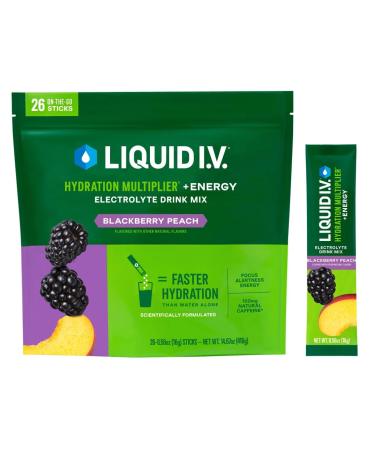 Liquid I.V Hydration Multiplier PLUS Energy Drink Mix - 26 Individual Stick Packets - Delicious Blackberry Peach Flavor - 416 Grams
