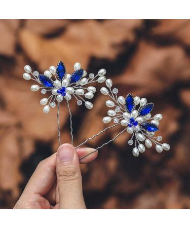 Casdre Pearl Bride Wedding Hair Pins Silver Blue Crystal Bridal Hair Accessories Rhinestone Wedding Hair Piece for Women and Girls(Pack of 2) (A Blue)