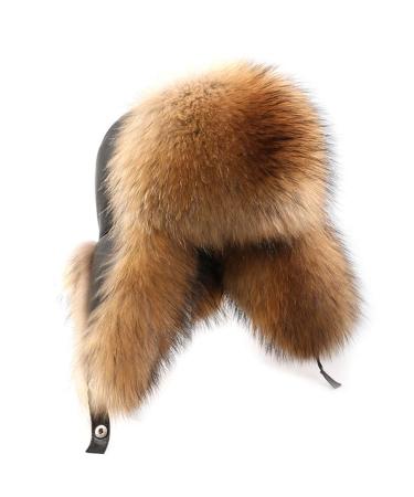 XUYUZUAU Mens Fox Fur Hat Winter Genuine Leather Russian Ushanka Hats Natural Brown