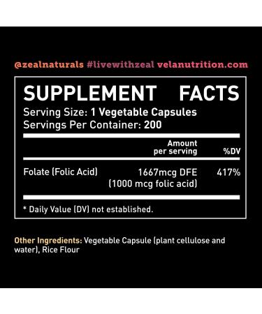 V la Folic Acid Supplement | 1000mcg Per Serving | 200 Capsules | Heart Health & Prenatal Support | Non-GMO | 3rd Party Tested - Buy Online on GoSupps.com
