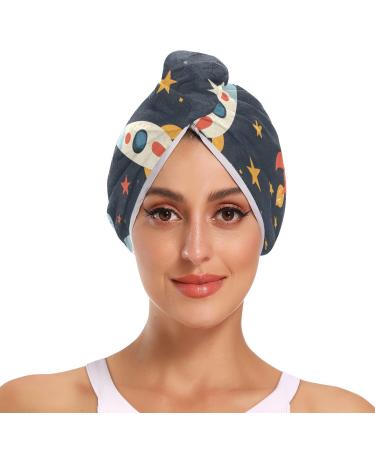 Rocket Planet Spaceship Hair Towel 2 Pack Super Absorbent Hair Drying Towel Quick Dry Hair Turbans Head Towel with Button Twisty Wrap for Women Girls