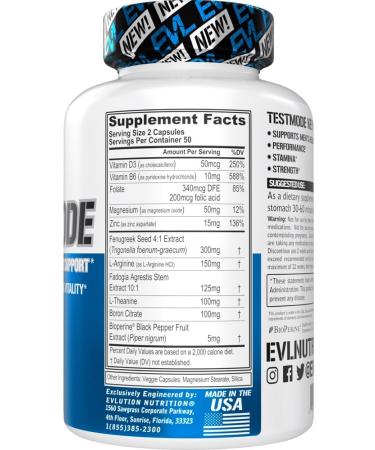 Evlution Nutrition TestMode - Ultimate Testosterone Support Supplement for Men's Health & Vitality - 50 Servings 100 Veggie Capsules - Boost Performance Stamina & Strength - Buy Online on GoSupps.com