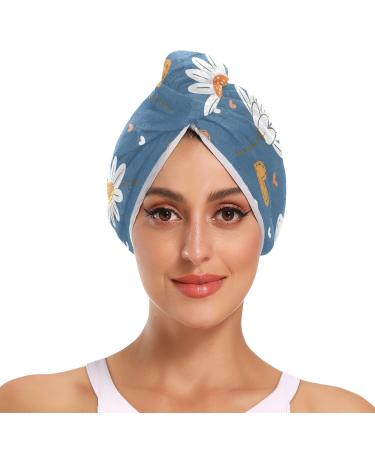 White Daisy Flower Blue Hair Towel 2 Pack Super Absorbent Hair Drying Towel Quick Dry Hair Turbans Head Towel with Button Twisty Wrap for Women Girls