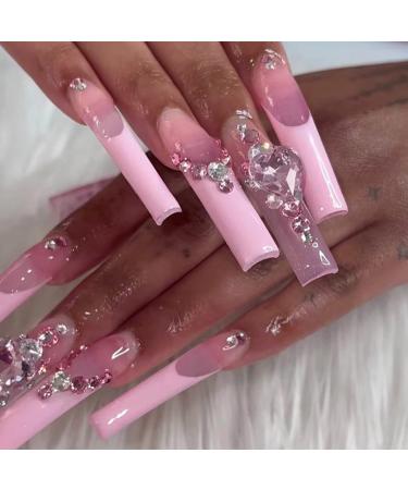 VOTACOS Press on Nails Long Coffin Fake Nails Pink False Nails with Glitter Heart Design Glossy Stick on Nails for Women D1 Glitter gem