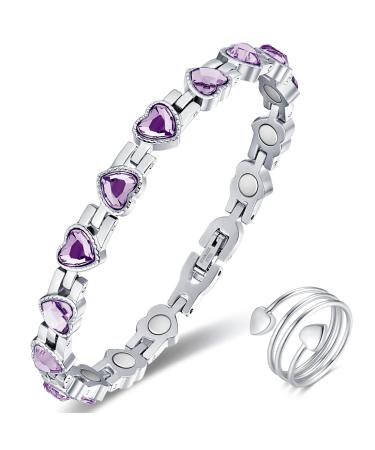 Vicmag Magnetic Bracelet Women Titanium Steel Ultra Strength Magnetic Bracelet Gift with Removal Tool (Purple Heart Crystal)