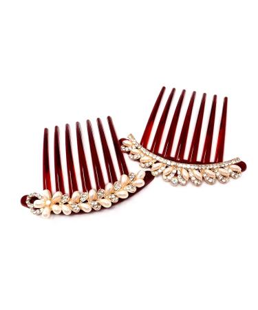 Honbay 2PCS 7 Teeth Hair Side Combs Pearl Crystal Rhinestone Floral Twist Combs Rhinestone Flower Hairpin Decorative Hair Combs Accessories for Women (2 Style)
