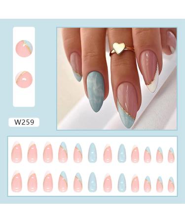 24 Pcs Almond Medium Long Glossy Sky Blue French Press on Nails with Gold Line Pattern - Manicure Tool Kit Included - Stick on False Nails for Women - Buy Online on GoSupps.com