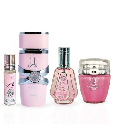 LATTAFA YARA Eau De Parfum Spray 100ML EDP 50ML Hand & Body Lotion 45ML & Roll-on Perfume Oil 10ML - For Women (CHIC COLLECTION)