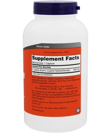 NOW Foods L-Lysine 500mg 250 Capsules - Pack of 2 (500 Count Total) - Buy Online on GoSupps.com