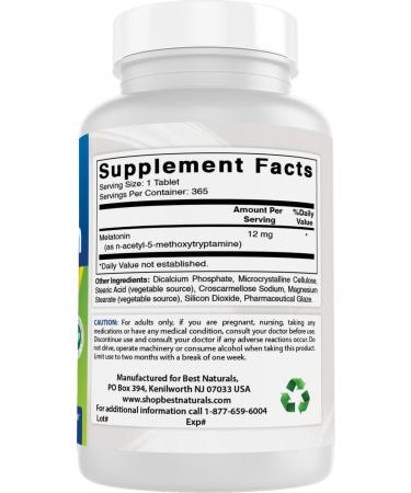 Best Naturals Melatonin 12 mg (1 Year Supply) - Drug-Free Nighttime Sleep Aid - Melatonin for Sleep and Relaxation 365 Count (365 Count (Pack of 1)) - Buy Online on GoSupps.com