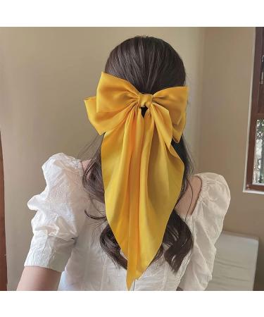 Satin Big Bow Hair Clip for Women - Yellow French Hairpin with Long Ribbon | Soft Solid Color Hair Barrette for Girls - Buy Online on GoSupps.com