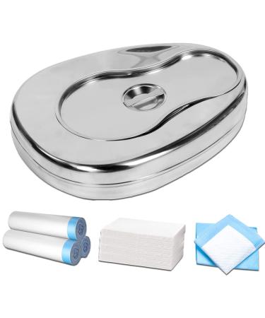Stainless Steel Bed Pans for Elderly Females and Men - Bed Pan Set with 45 Disposable Liners and Super Absorbent Pads - Bedpan with Lid for Bedridden Patients Women Home Hospital