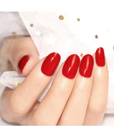 Yizaca Glossy Oval Press on Nails Red Short Fake Nails Full Cover Acrylic False Nail for Women and Girls (24Pcs) (SET D)