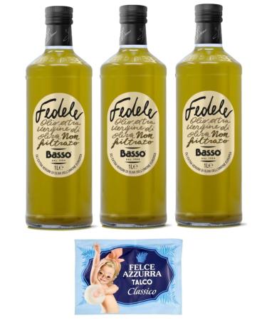 Basso Fedele Extra Virgin Olive Oil Unfiltered 1 Litre + 1 x Felce Azzurra Talcum Powder 100 g Pack of 3