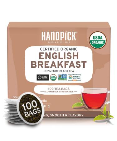 HANDPICK, Organic English Breakfast Black Tea Bags (100 Count) USDA Organic, Eco Conscious Tea Bags | Strong, Robust, High-Caffeine Black Tea |Brew English Breakfast Tea & Kombucha, Packaging May Vary